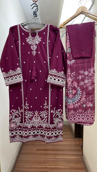 Pakistani Original Hayat Stitched Cotton 3Pcs _ Deep Purple